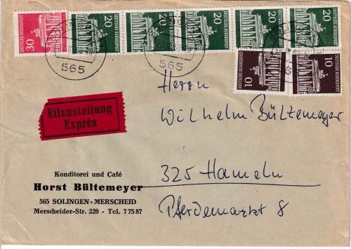 BRD - 5x20+2x10+30 Pfg. Brandenburger Tor Eilbrief Solingen - Hameln 1968