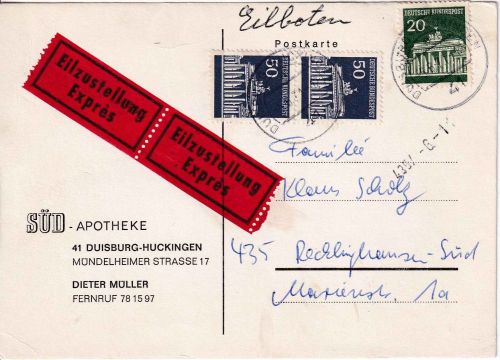 BRD - 2x50+20 Pfg. Brandenburger Tor Eilkarte Duisburg - Recklinghausen 1971