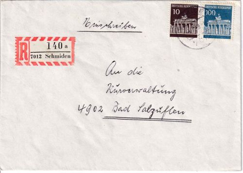 BRD - 7012 Schmiden Einschreibebrief n. Bad Salzuflen 1968