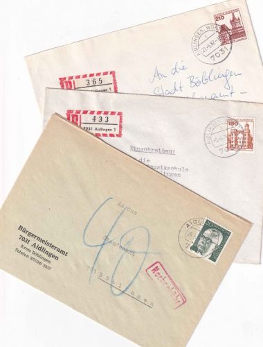 BRD - Aidlingen 3 Heimatbelege/2 Einschreibebriefe + Nachportobrief 1974/1982
