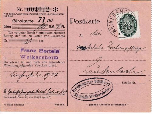 DR - 8 Pfg. Strohhut Dienstpostlkarte K1 Weikersheim - Laudenbach 1928