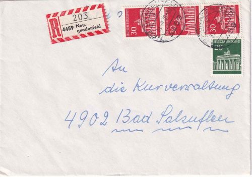 BRD - 3x30+20 Pfg. Brandenburger Tor Einschreibebrief Neugnadenfeld 1968