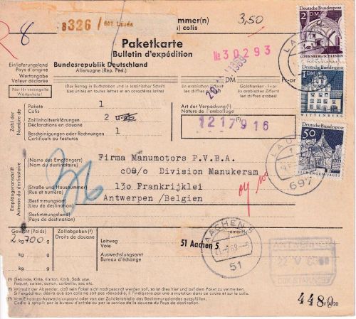 BRD - 2+1 DM + 50 Pfg. Bauwerke Paketkarte n. BELGIEN Lauda - Antwerpen 1969