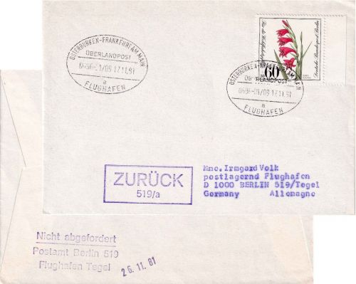 BRD - Osterburken/FFM-Flughafen Überlandpost 1991 Brief n. Berlin