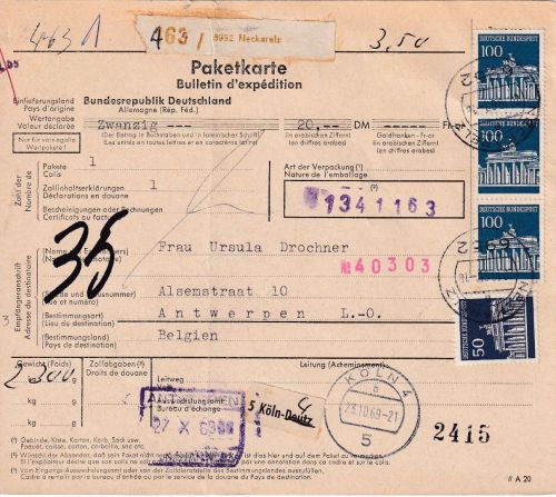 BRD - 3x100+50 Pfg. Brandenburger Tor Paketkarte n. BELGIEN Neckarelz 1969