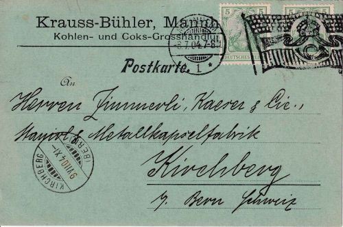 DR - Mannheim 1 Flaggenstempel (Krone) Firmenkarte i.d. SCHWEIZ 1904