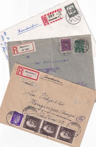 DR/BRD - Mannheim 3 3 Orts/Einschreibebriefe ex 1922/1963