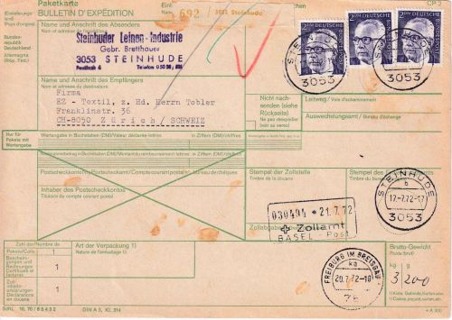 BRD - 3x2 DM Heinemann Paketkarte i.d. SCHWEIZ Steinhude - Zürich 1972