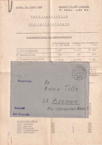 BRD - Walsrode 1968 Postsache (Empfängerzahlen/Postwurfsendungen) n. Bremen
