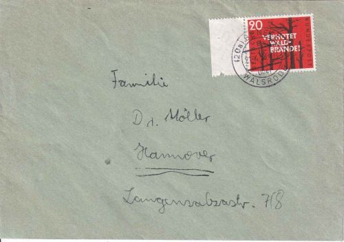 BRD - 20 Pfg. Waldbrände Brief PSt. I Benefeld ü. Walsrode n. Hannover 1958
