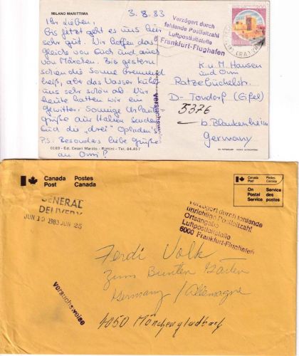 Kanada/Italien - Frankfurt a/M. Flughafen Verzögerungsstempel 2 Belege 1983