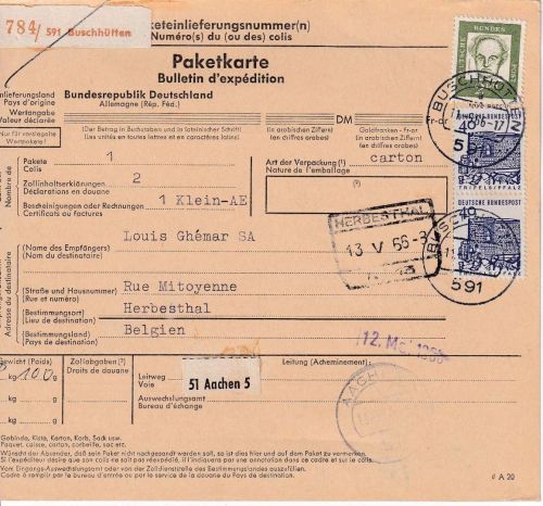 BRD - 2 M. Bed. Deutsche u.a. Paketkarte n. BELGIEN Buschhütten 1966