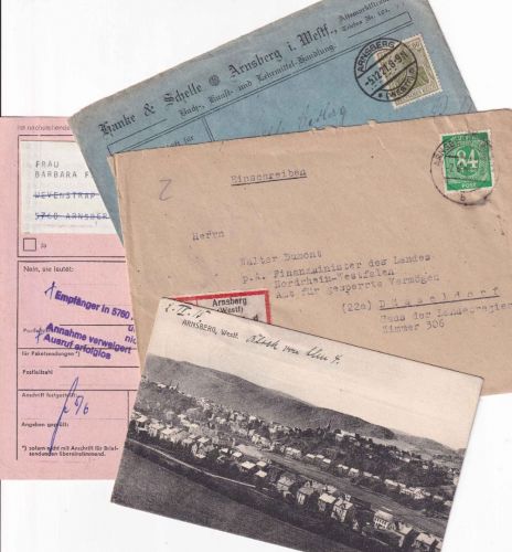 DR/All.Bes./BRD - Arnsberg (Westf.) 4 Heimatbelege ex 1915/1978