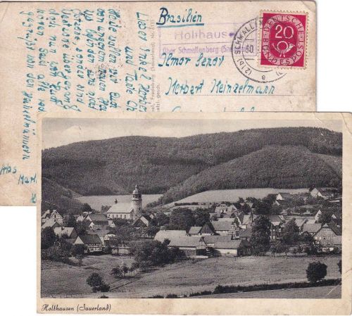 BRD - Holthausen ü. Schmallenberg Landpost-Ra2 Karte n. BRASILIEN 1953