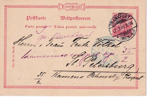 DR - 10 Pfg. Germania/Reichspost Ganzsachenkarte n. RUSSLAND Frankfurt a/M 1901