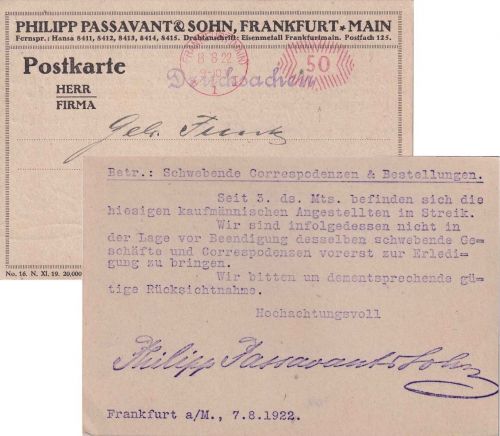 DR - Frankfurt a/M. 8.8.22 50 Pfg. PFS Drucksachenkarte n. Rudolstadt - Text !!