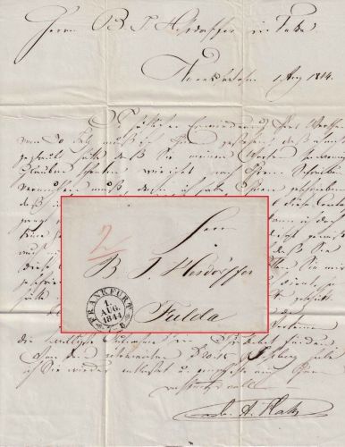 Th&T- Frankfurt 1. AUG. 1844 K2 2 Kr. Portobrief n. Fulda mit Inhalt