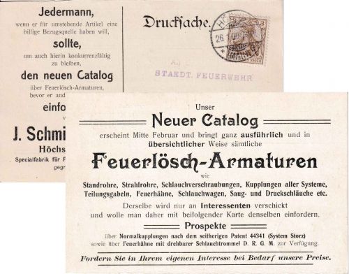DR - 3 Pfg. Germania Drucksachenkarte (Feuerwehr-Zubehör) Höchst a/M. 1909