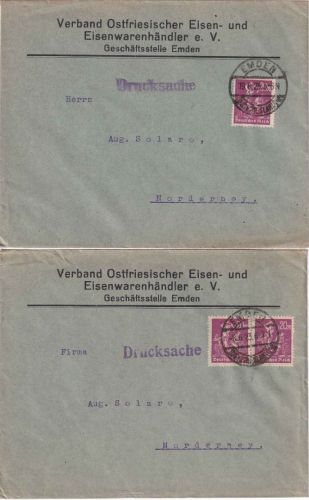 DR-Infla - 20 M. + 2x20 M. Bergmann 2 Drucksachenbriefe Emden 19.6./8.6.23