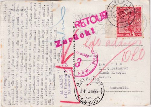 Berlin - 20 Pfg. Olympia Karte n. AUSTRALIEN Freilassing 31.3.53 Zensur + Retour !