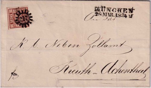 Bayern - 6 Kr. Quadrat braun Brief (2.Gew.st.) gMR 217 L2 München - Kreuth 1854