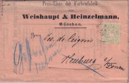 Bayern - 1 Kr Wappen gez. Drucksache/Faltbrief München ca. 1872/73 Retourvermerk