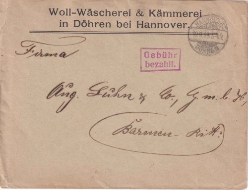 DR-Infla - Hannover-Döhren 19.9.23 Gebühr bezahlt roter Ra2 Firmenbrief n Barmen
