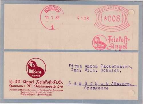 DR - Hannover 1932 8 Pfg. AFS "Feinkost Appel" Firmenkarte n. Landshut