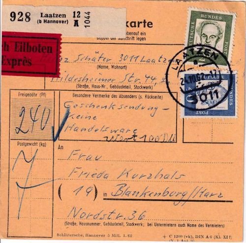 BRD - 2 M. + 40 Pfg. Bed. Deutsche Eilpaketkarte Laatzen - Blankenburg/H. 1962