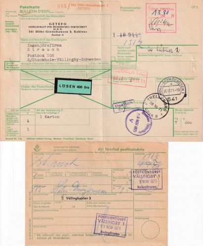 BRD - Höhr-Grenzhausen 1971 GETEFO Paketkarte n. SCHWEDEN Taxe percue