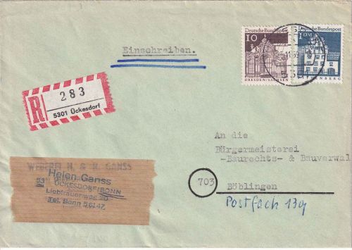 BRD - 1 DM + 10 Pfg. Bauwerke Einschreibebrief Ückesdorf - Böblingen 1969