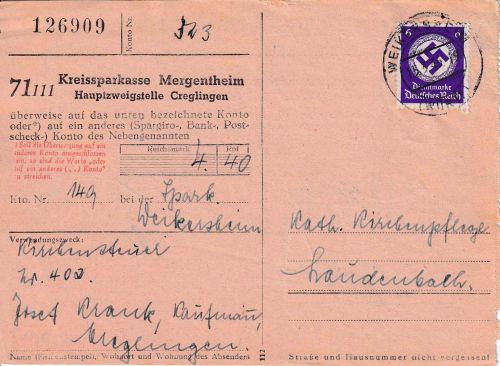DR - 6 Pfg. Hkr. Dienstpostkarte (Giromitteilung) Weikersheim 15.3.45
