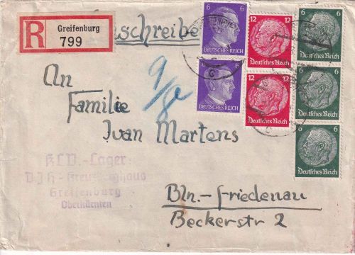 DR - KLV-Lager DJH-Kreuzberghaus L4 Einschreibebrief Greifenberg - Berlin 1941