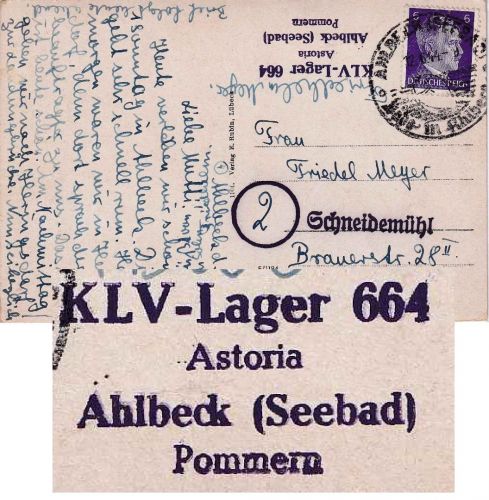 DR - KLV-Lager 644 Astoria Ahlbeck (Seebad) Pommern L4 Karte n Schneidemühl 1944