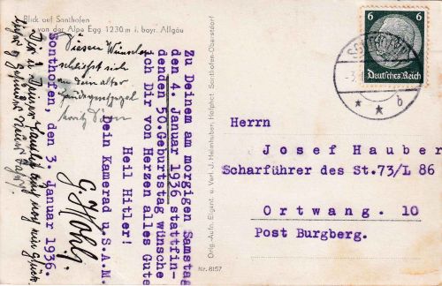 DR - Sonthofen 1936 Geburtstagskarte a. Scharfführer in Ortwang b. Burgberg
