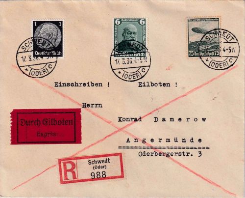 DR - 75 Pfg. Zeppelin u.a. Eil-Einschreibebrief Schwedt (Oder) 17.3.36