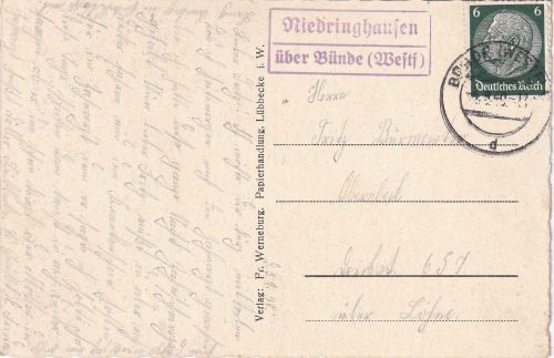 DR - Niedringhausen ü. Bünde (Westf.) Landpost-Ra2 Karte n. Löhne 1940