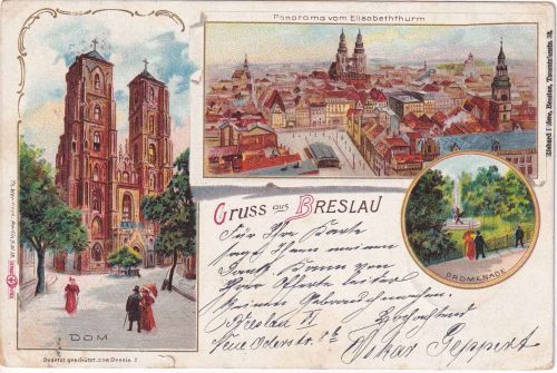 Schlesien - Breslau farb. Mehrbildlitho (Dom, Promenade, Panorama) gelaufen 1899