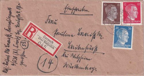 DR - Corosch ü. Bialystok Poststelle I Einschreibebrief n. Welzheim 1944