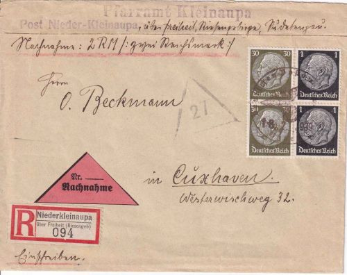 DR - 2x30+2x1 Pfg Hindenburg Nachnahme-Einschreibebrief Nieder-Kleinaupa 18.2.39