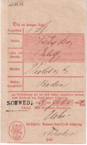 Preussen - Schwedt apt. Vorphila-Ra2 Postaufgabeschein 1852