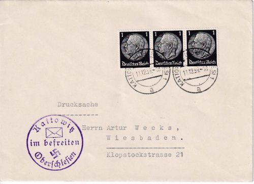 DR - 3x1 Pfg. Hindenburg Drucksachenbrief Kattowitz - Wiesbaden 11.12.39