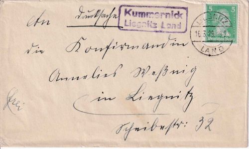 DR - Kummernick Liegnitz Land Landpost-Ra2 Drucksachenbrief n. Liegnitz 1929