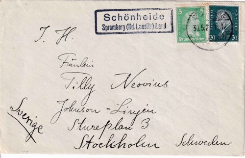 DR - Schönheide Spremberg (Nd. Lausitz) Land Landpost-Ra2 Brief n. SCHWEDEN 1929