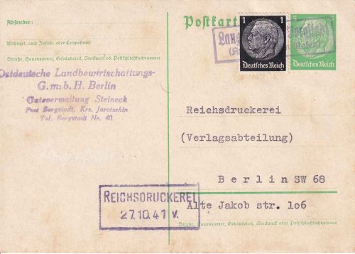 DR - Langenfeld ü. Bergstadt (Kr. Jarotschin Posen) Landpost-Ra2 Ganzsache 1941