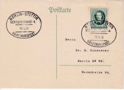 DR - Kraftkurspost Versuchsfahrt 4 Berlin-Stettin Karte 15.5.36 n. Berlin
