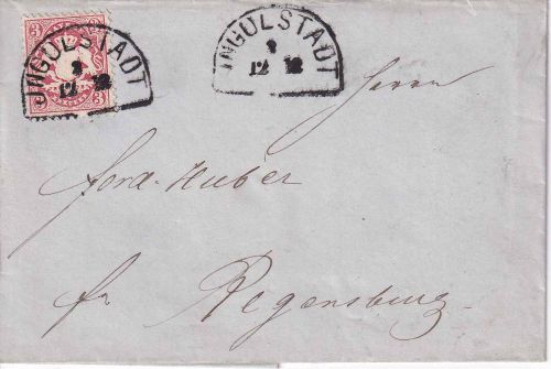 Bayern - 3 Kr. Wappen gez. Brief HKS Ingolstadt - Regensburg 12/12 (1871)
