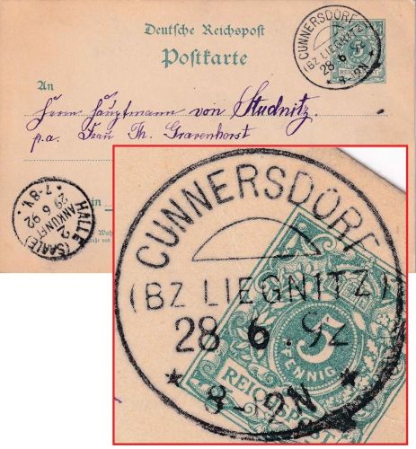 DR - Cunnersdorf (Bz. Liegnitz) 28.6.92 KOS 5 Pfg. Ganzsachenkarte n. Halle