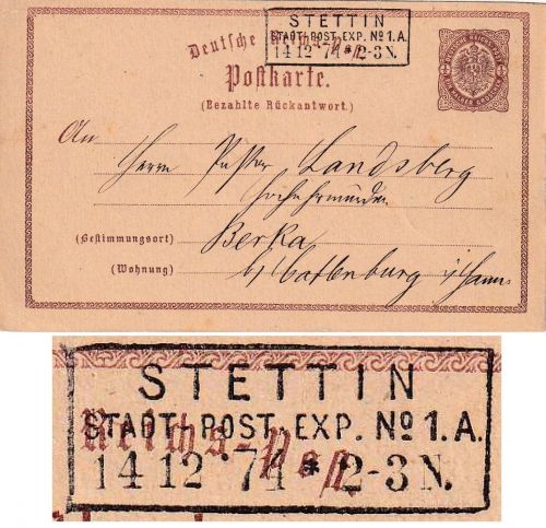 DR - 1/2 Gr. Brustschild Ganzsachenkarte/Antwort Ra3 Stettin Stadtpost Exp. 1874