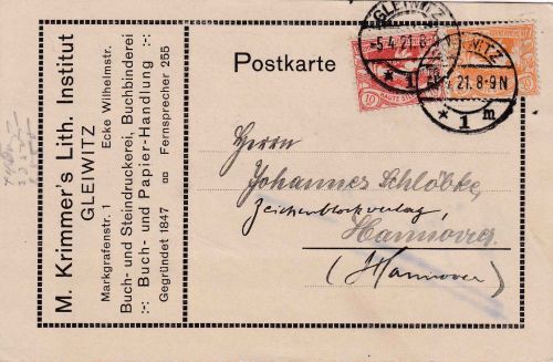Abstimmung/Oberschlesien - 10+30 Pfg. Freimarken Firmenkarte Gleiwitz 5.4.21